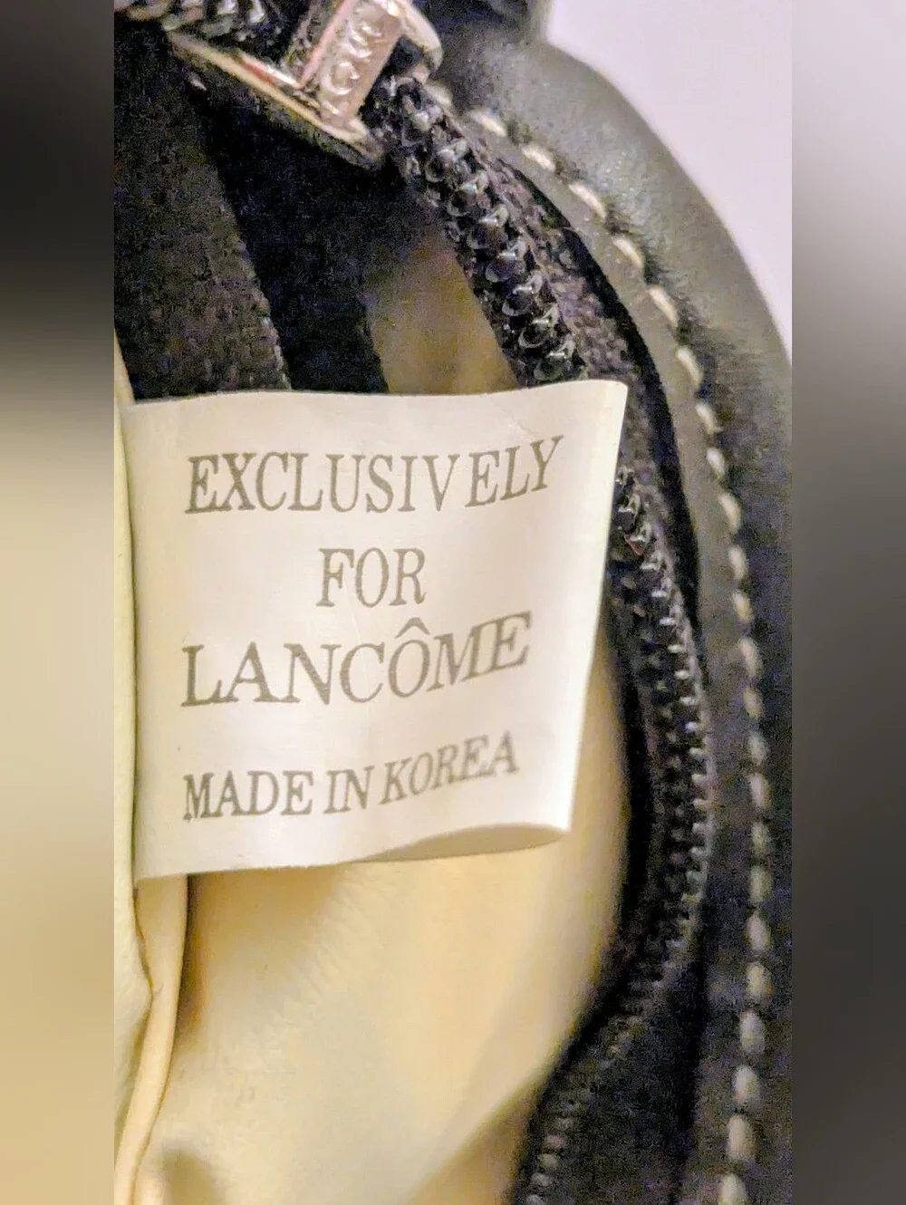 Lancome Beige Brushed Felt Brown Leather Trim Lined Zippered Clutch Tote 8.5